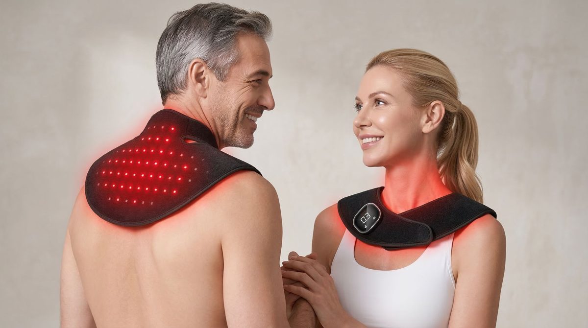 Couple de 45 ans portant une ceinture cervicale chauffante à lumière rouge
