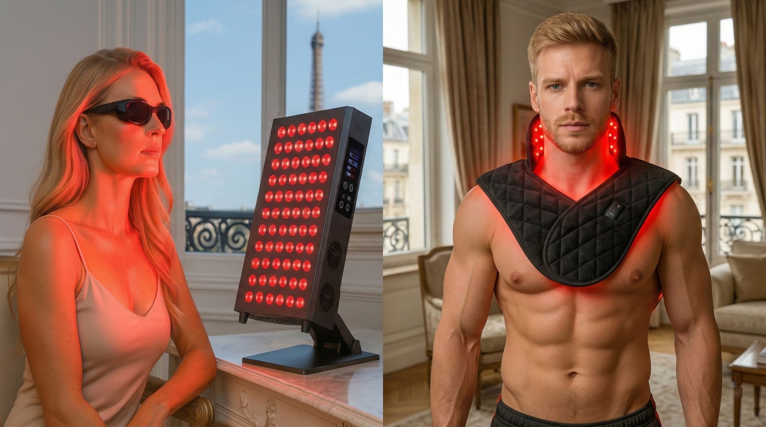 Une séance de luminothérapie lumière rouge avec panneau LED et ceinture chauffante led cervicale
