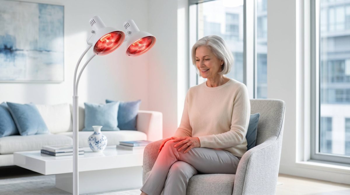 Femme soulageant une douleur au genou avec une lampe infrarouge chauffante kiné