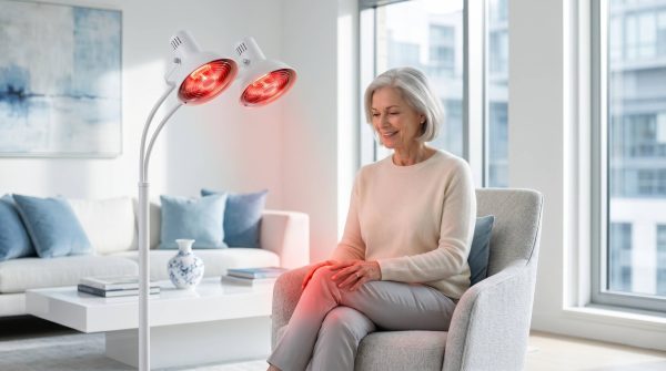 Femme soulageant une douleur au genou avec une lampe infrarouge chauffante kiné