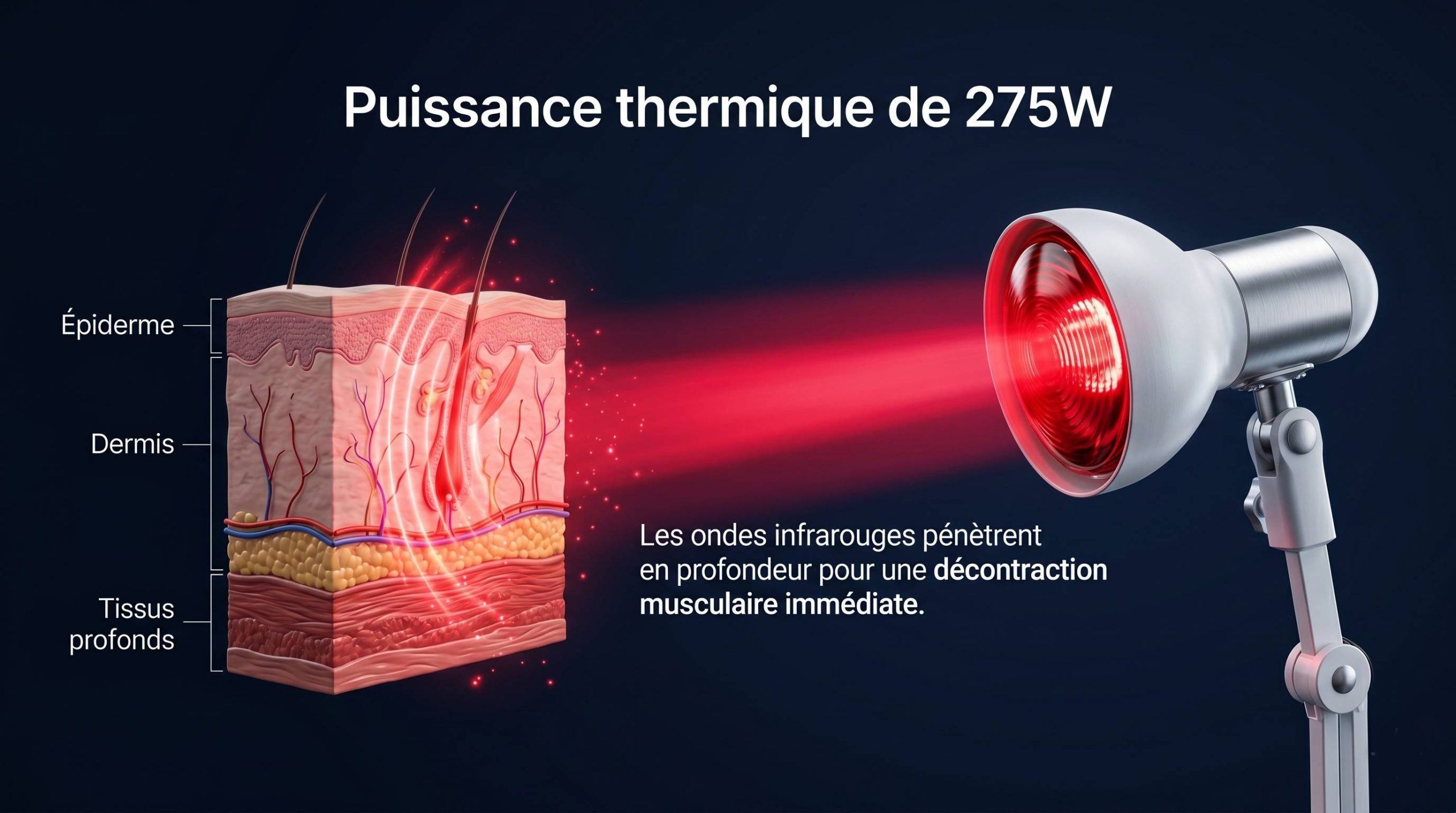Schéma d'action d'une lampe infrarouge chauffante kiné sur les tissus musculaires