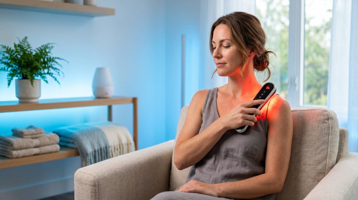 femme une douleur articulaire avec un appareil chauffant