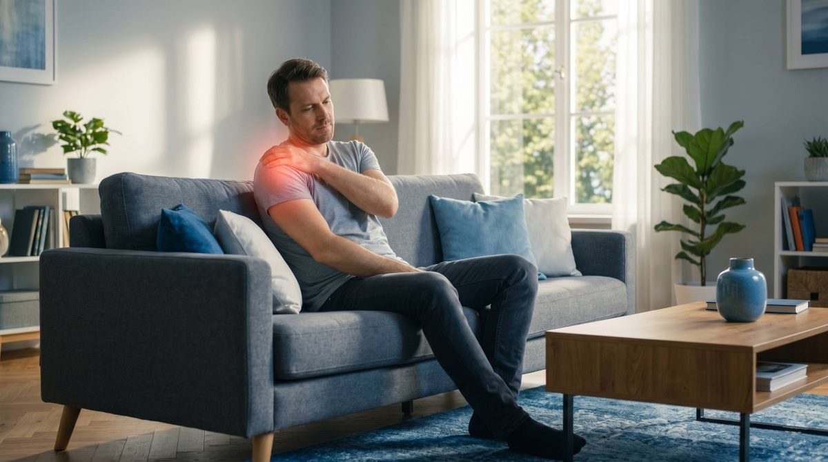 Homme soulageant son arthrose à l'épaule avec la lumière infrarouge