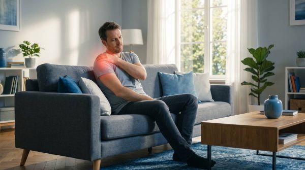 Homme soulageant son arthrose à l'épaule avec la lumière infrarouge