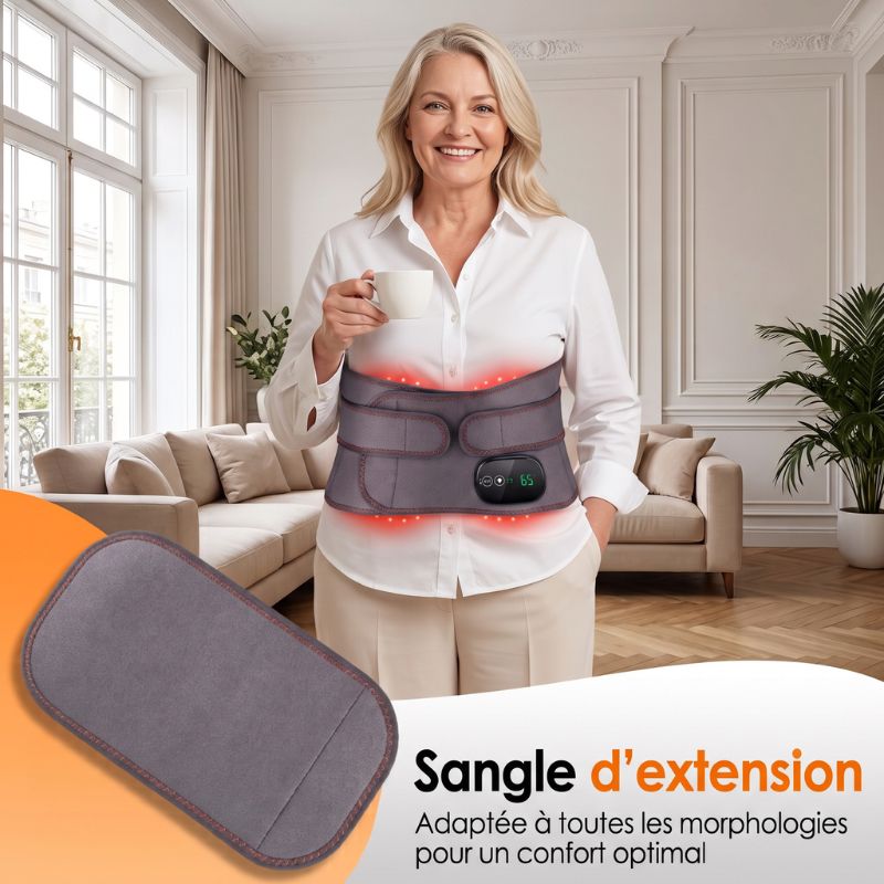 Femme à morphologie généreuse portant la ceinture lumière rouge avec sa sangle d'extension ajustable