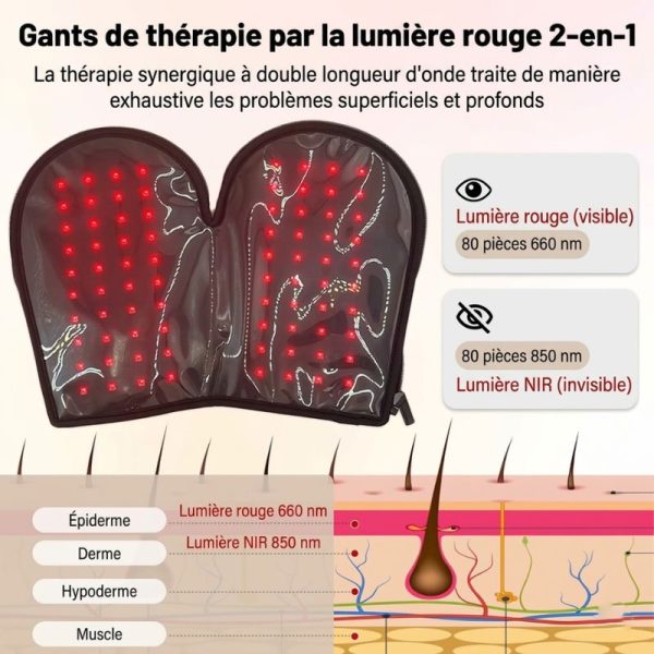 gant de luminothérapie à lumière rouge ouvert, affichant les puces LED allumées et un diagramme de pénétration cutanée pour les ondes rouge et infrarouge.