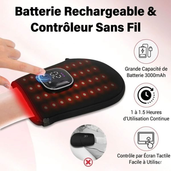 Gant luminothérapie lumière rouge sans fil, soulagement douleurs mains poignet tendinite.
