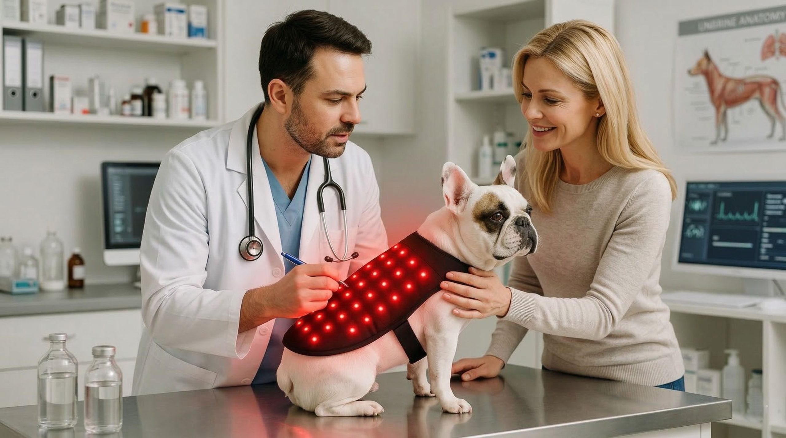 Un vétérinaire et une cliente examinent un bouledogue français équipé d'un gilet de luminothérapie par la lumiere rouge chien
