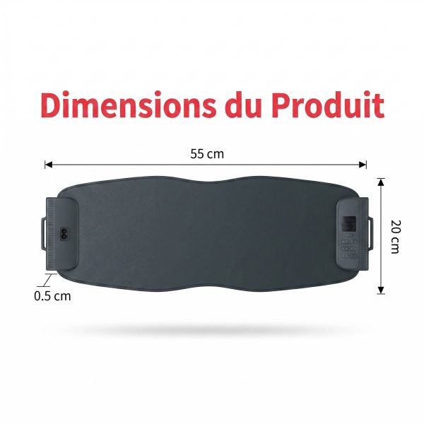 Schéma technique de la ceinture dorsale de luminothérapie indiquant les dimensions : longueur 55 cm, hauteur 20 cm, épaisseur 0.5 cm.