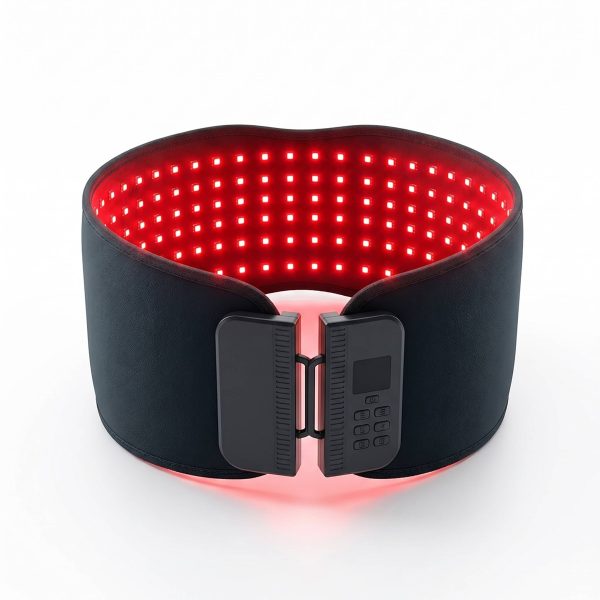 Ceinture dorsale chauffante à infrarouges vue de face avec LED rouges allumées