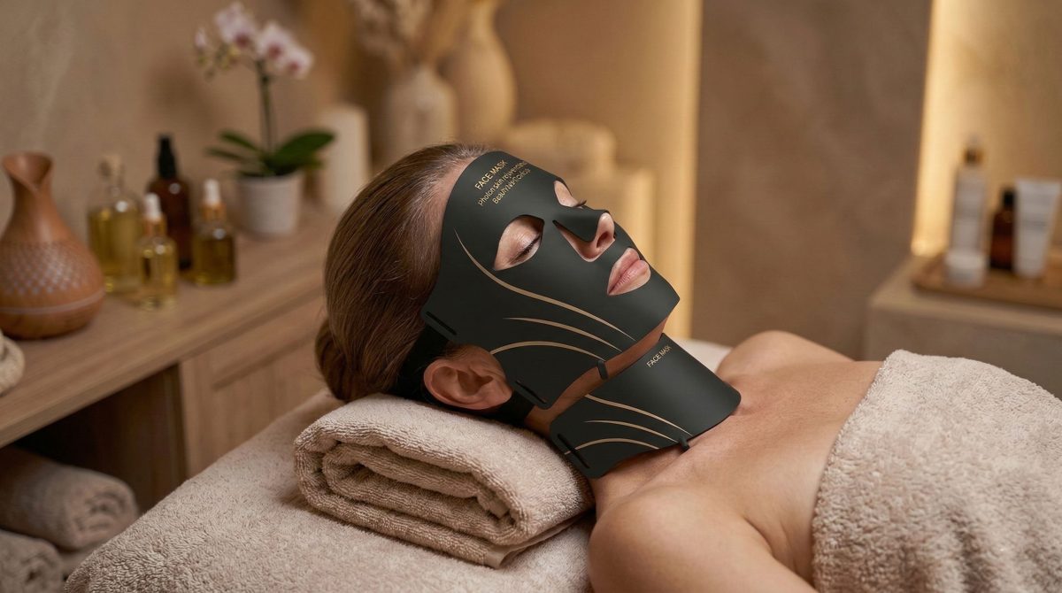 Femme détendue portant un masque LED visage noir, en illustration de notre comparatif 2026