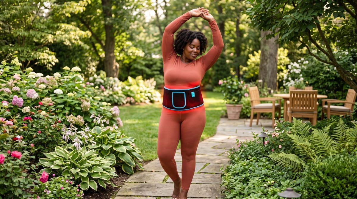 Femme utilisant la ceinture luminothérapie pour la perte de poids